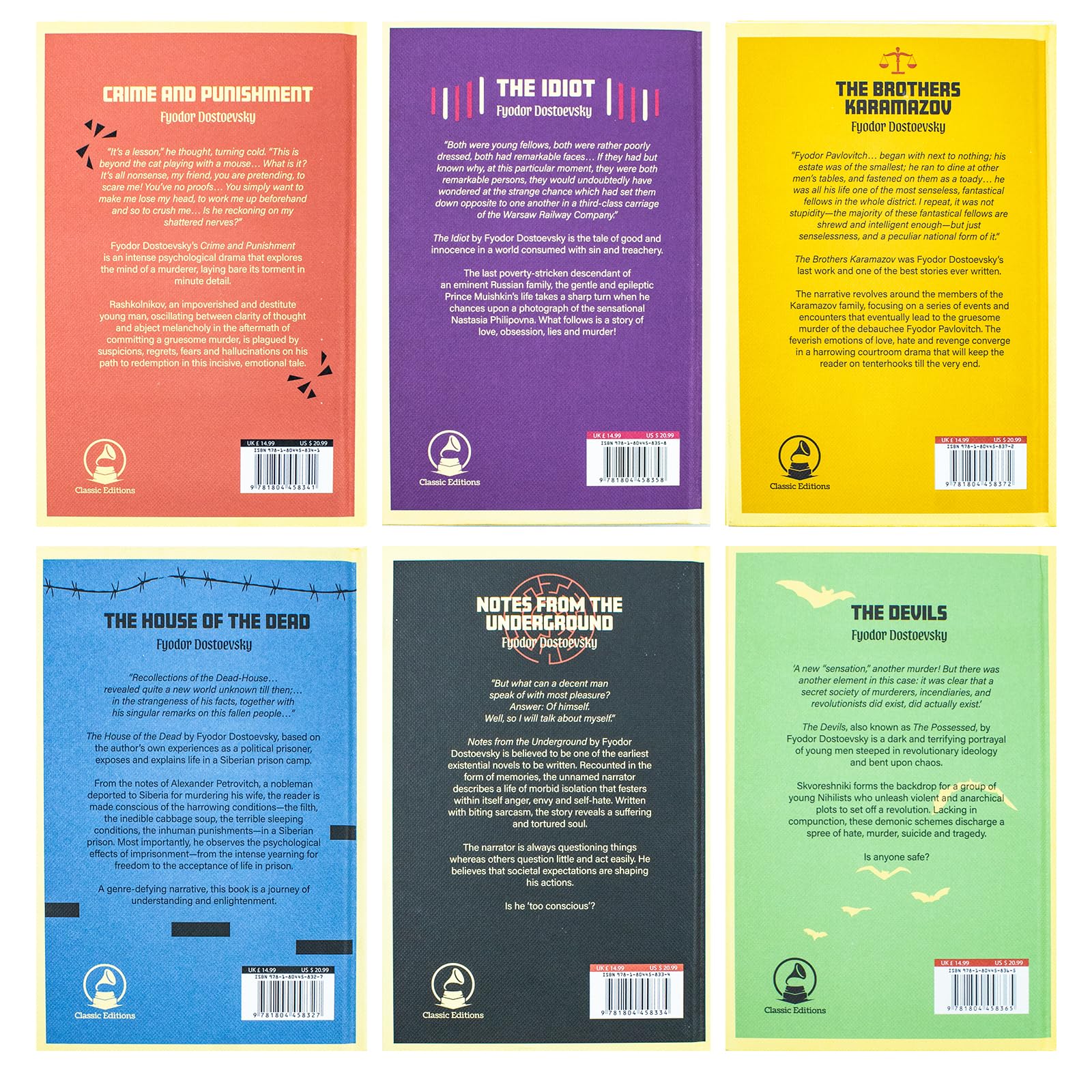 Complete Collection of Fyodor Dostoevsky 6 Hardback Books Box Set: Crime and Punishment, Notes from the Underground, The Idiot, The Brothers Karamazov, The House of the Dead, The Devils