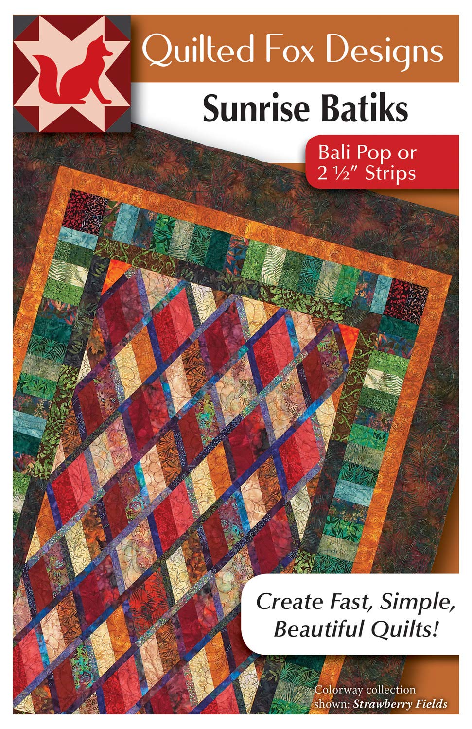 Sunrise Batiks Quilt Pattern: Bali Pop or 2 1/2" Strips (Design Originals, Quilted Fox Designs) A Dazzling Jelly Roll Quilt with Diamond Pattern Sized 55" x 75"; Great for 2 1/2-inch Strip Collections