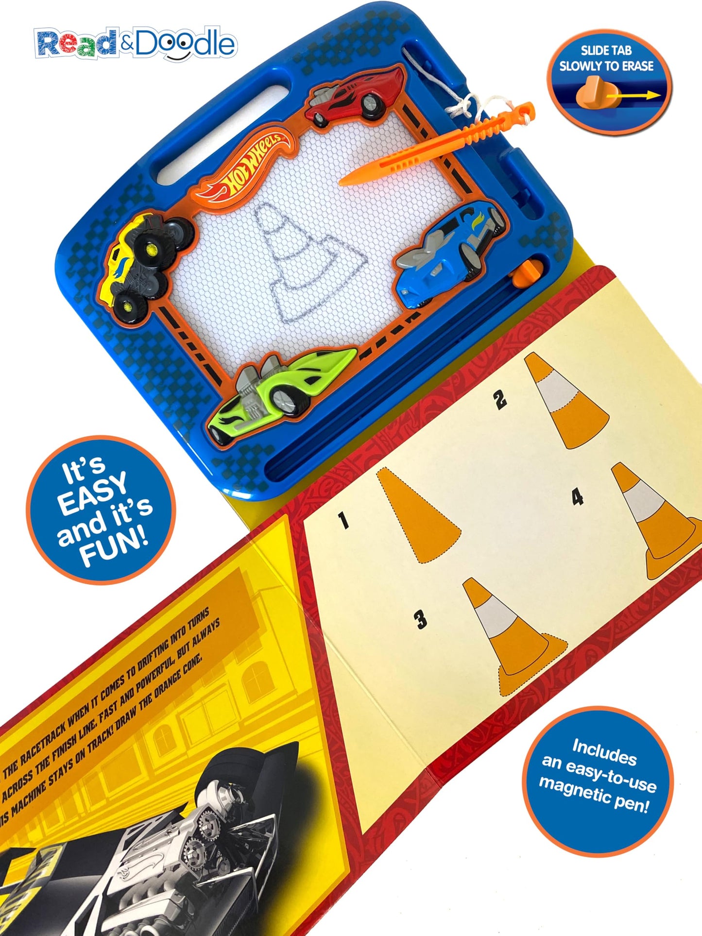 Hot Wheels Read & Doodle - Learning resources for kids, a magnetic drawing pad, an easy-to-use pen, 22-page board book for reading and drawing