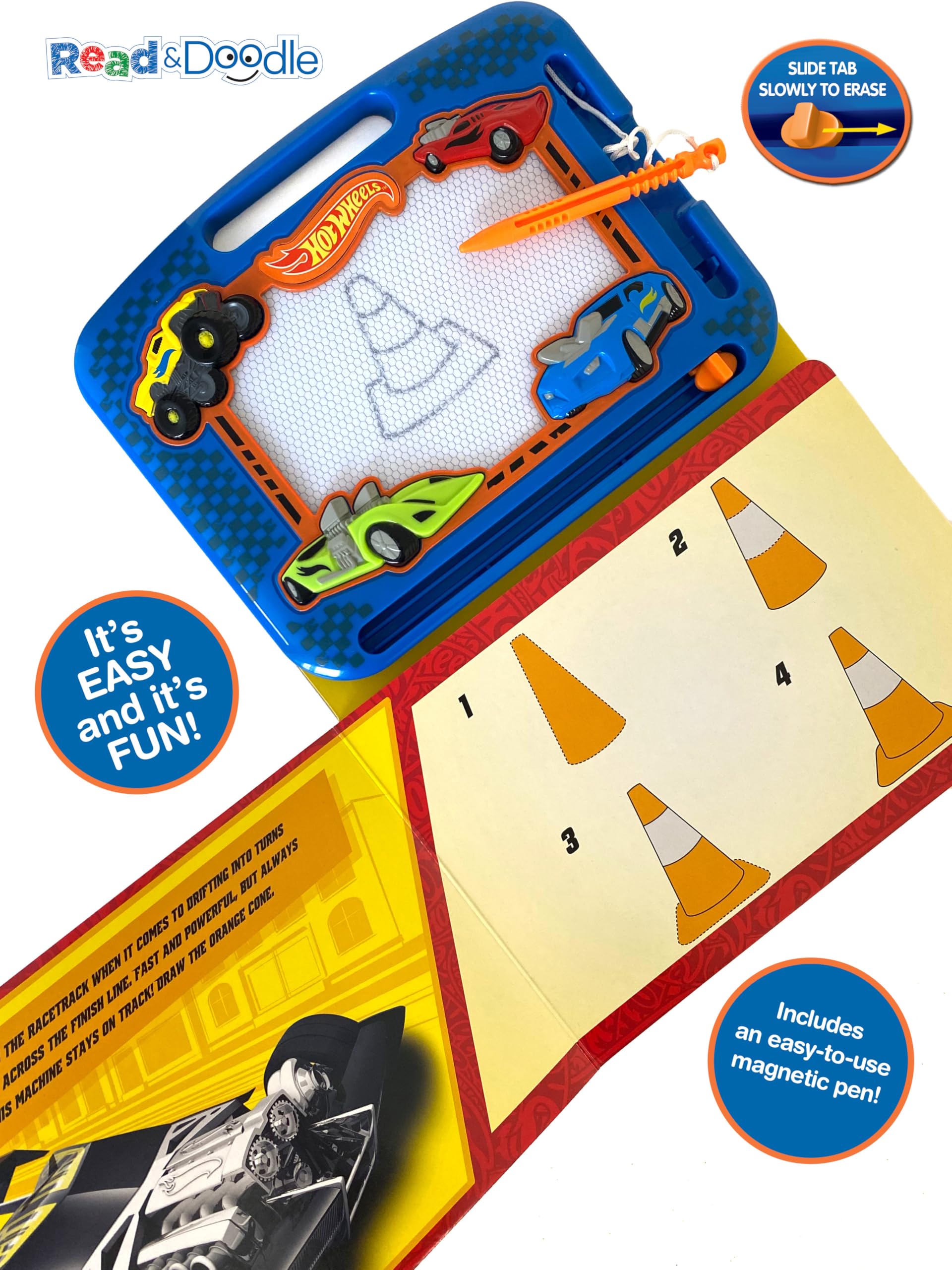 Hot Wheels Read & Doodle - Learning resources for kids, a magnetic drawing pad, an easy-to-use pen, 22-page board book for reading and drawing