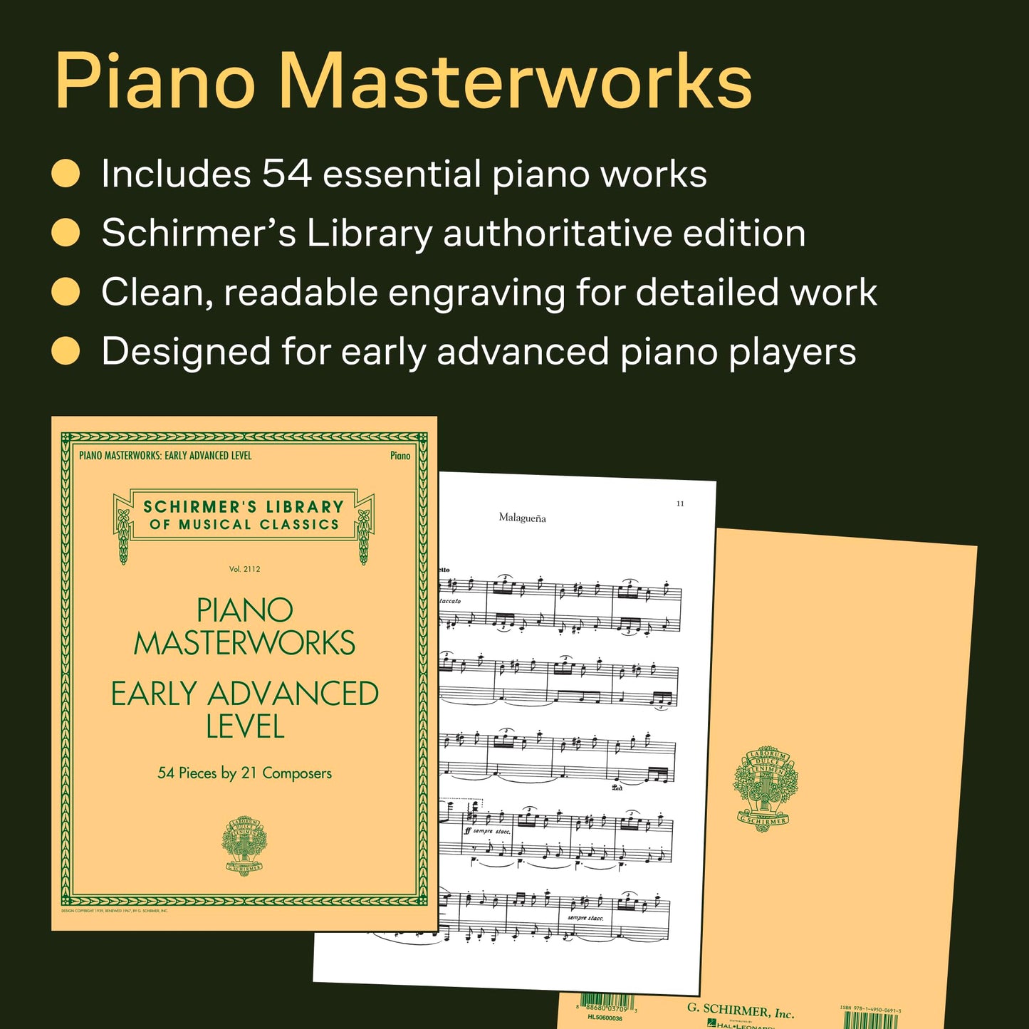 Piano Masterworks - Early Advanced Level - Schirmer's Library Volume 2112  Classical Sheet Music Collection  Piano Songbook for Advanced Players and Music Teachers