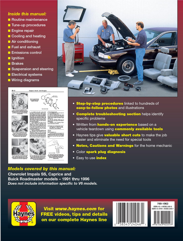 Chevrolet V8 Impala SS Caprice & Buick Roadmaster (1991-1996) Haynes Repair Manual (Does Not Include Information Specific to V6 Models) — back cover