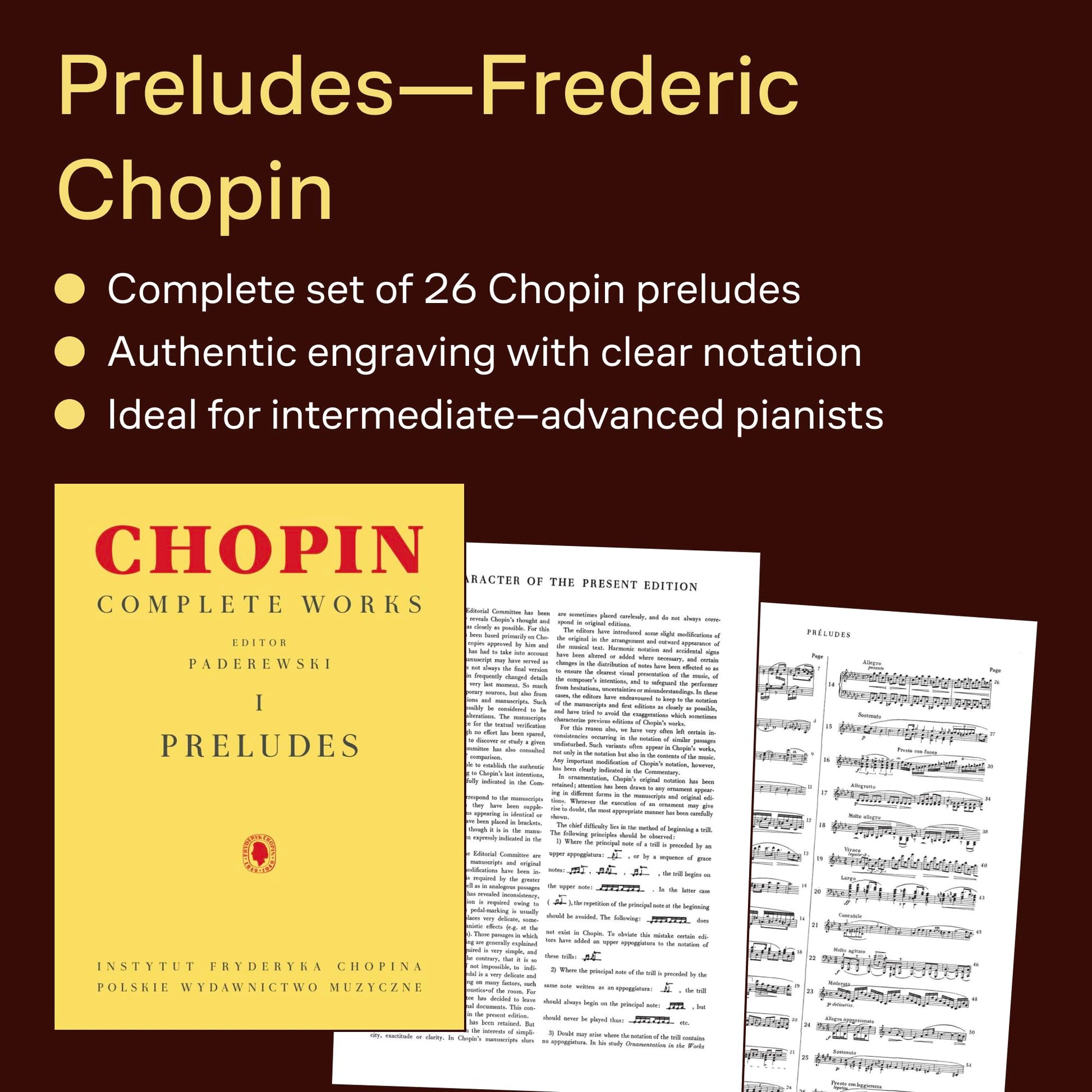 Chopin - Complete Works Vol. I Preludes  Advanced Classical Piano Sheet Music Book  Scholarly Edition by Paderewski Bronarski Turczynski  Authentic Piano Repertoire for Students and Teachers