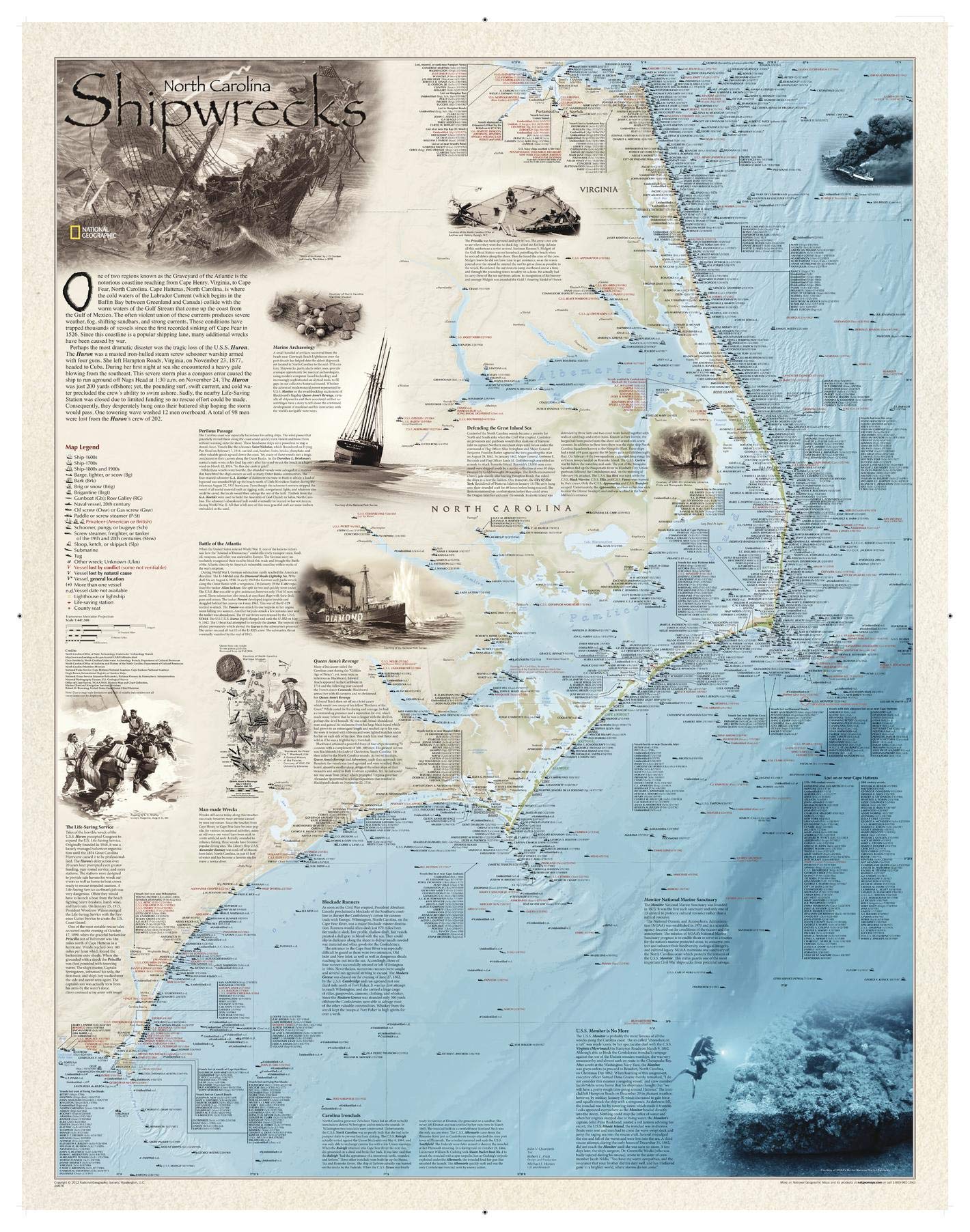 National Geographic Shipwrecks of the Outer Banks Wall Map (28 x 36 in) (National Geographic Reference Map)