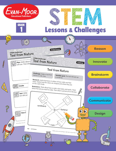 Evan-Moor Stem Lessons and Challenges, Grade 1 Homeschooling & Classroom Resource Workbook, Life, Earth and Physical Science Problem Solving, Peer Collaboration, Real-World, Visual Literacy, Printable