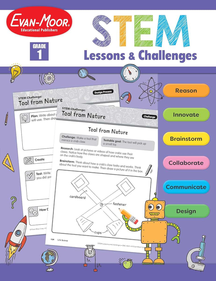 Evan-Moor Stem Lessons and Challenges, Grade 1 Homeschooling & Classroom Resource Workbook, Life, Earth and Physical Science Problem Solving, Peer Collaboration, Real-World, Visual Literacy, Printable