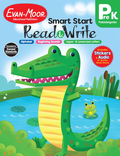 Evan-Moor Smart Start Read and Write Workbook, Grade PreK, Stickers, Downloadable Audio Read Aloud, Alphabet Stories, Listening Skills, Reading, Writing Letters, Spelling, Vocabulary, Homeschool