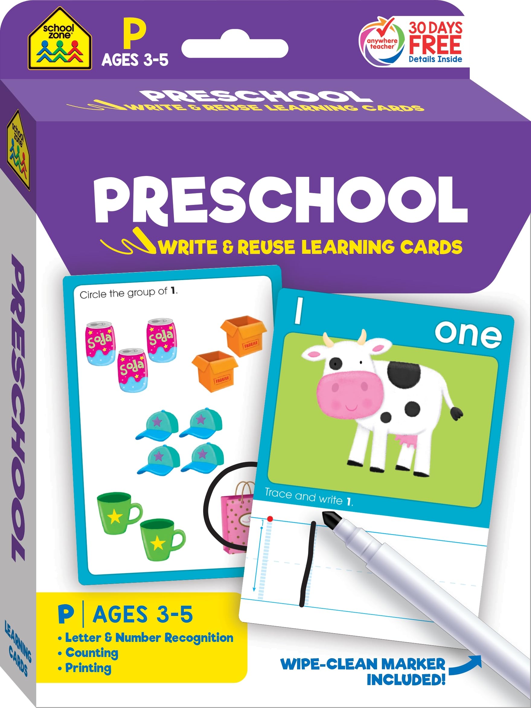 School Zone Preschool Write & Reuse Learning Cards: 32 Interactive Flash Cards, Writing Practice, Letter & Number Recognition, Shapes, Early Math, Wipe Clean, Includes Dry Erase Marker