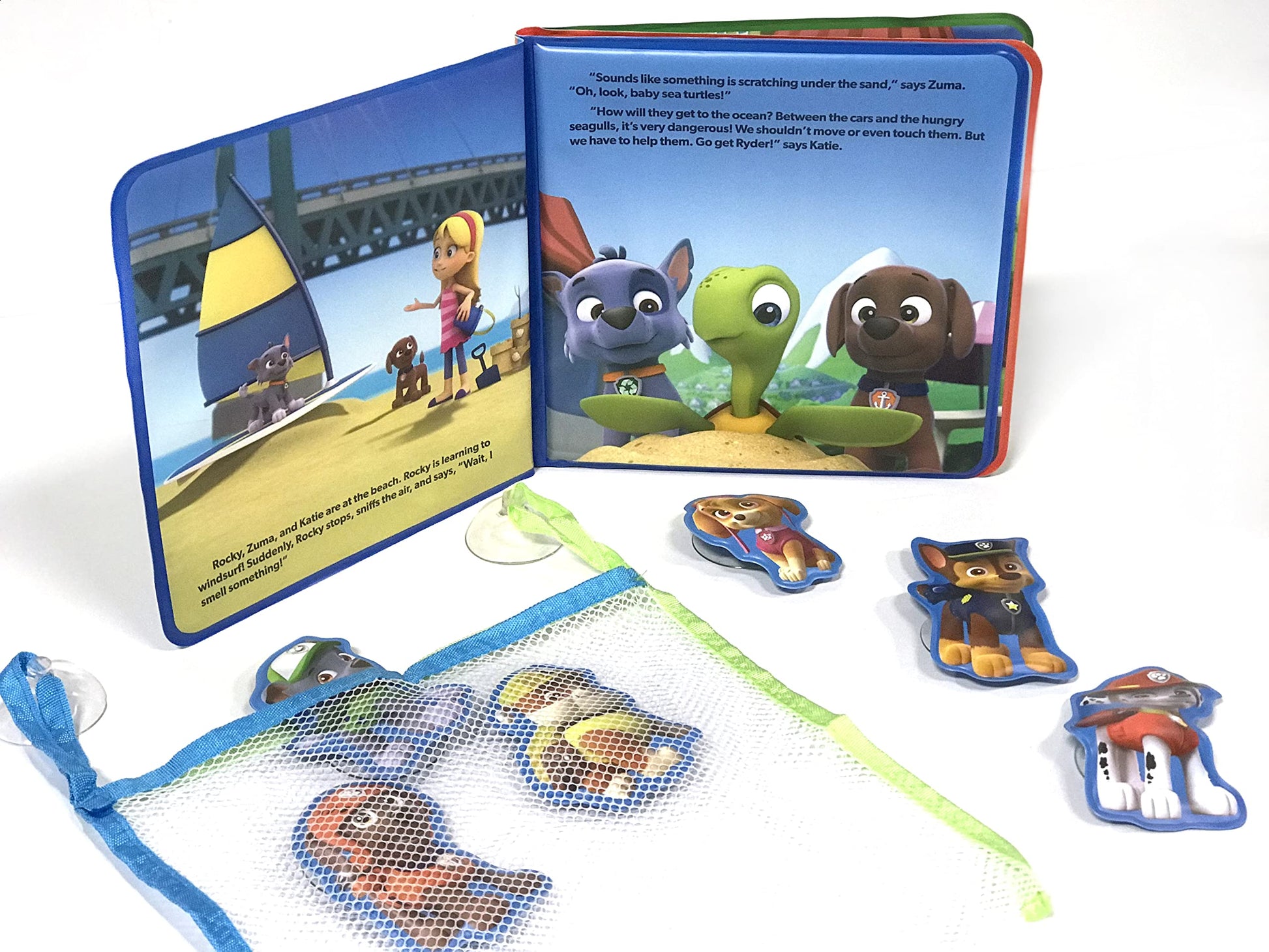Paw Patrol The Pups Save the Sea Turtles Bath Time Books - Activity Books for kids, Bath book, 6 Padded suction cups, 1 Mesh bag