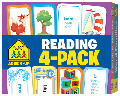 School Zone - Reading 4-Pack Flash Cards - Ages 4+, Kindergarten, 1st Grade, Sight Words, Phonics Made Easy, Word Families, Picture Words, High-Frequency Words, Beginning Reading, Rhyming, and More