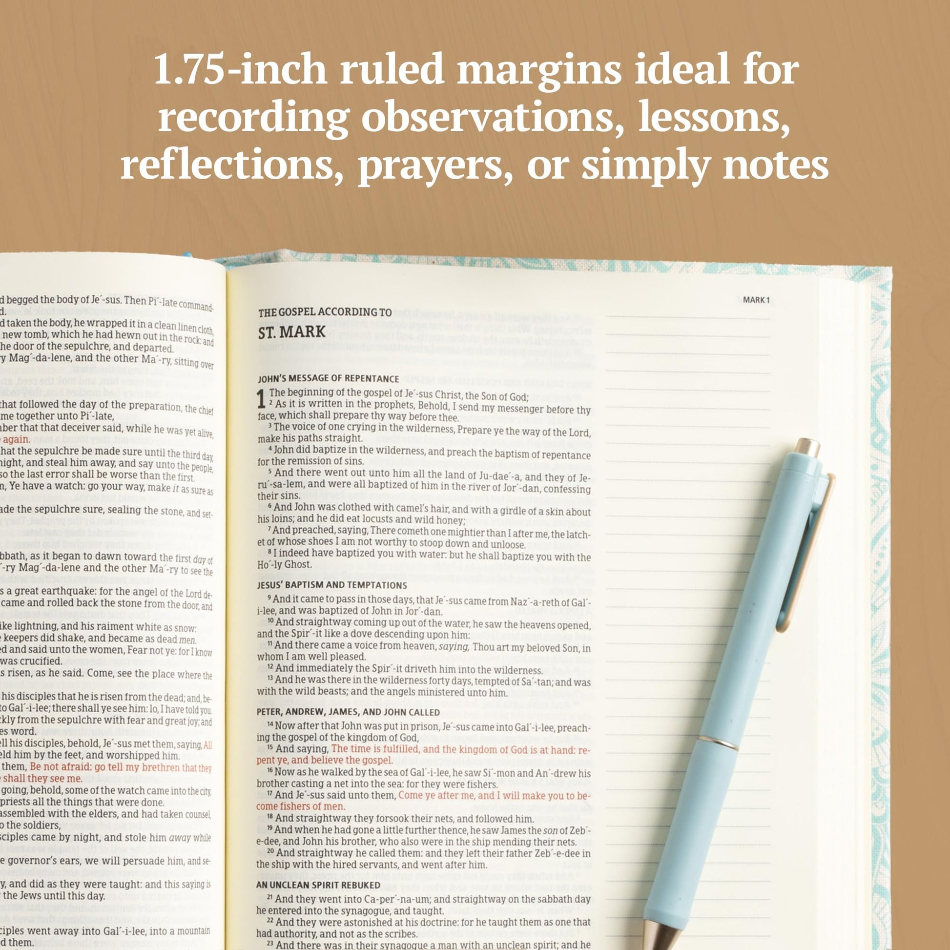 KJV Notetaking Bible, Blue Floral Cloth Over Board, KJV Holy Bible, Red Letter, Wide Margins, Journaling Space, Single-Column, Reading Plan, Easy-to-Read Bible MCM Type