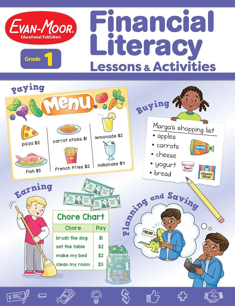 Financial Literacy Lessons and Activities for Grade 1 Teachers Resource Book, Reproducible Worksheets, Homeschool Resources, Classroom Lessons, Math Word Problems, Money Games
