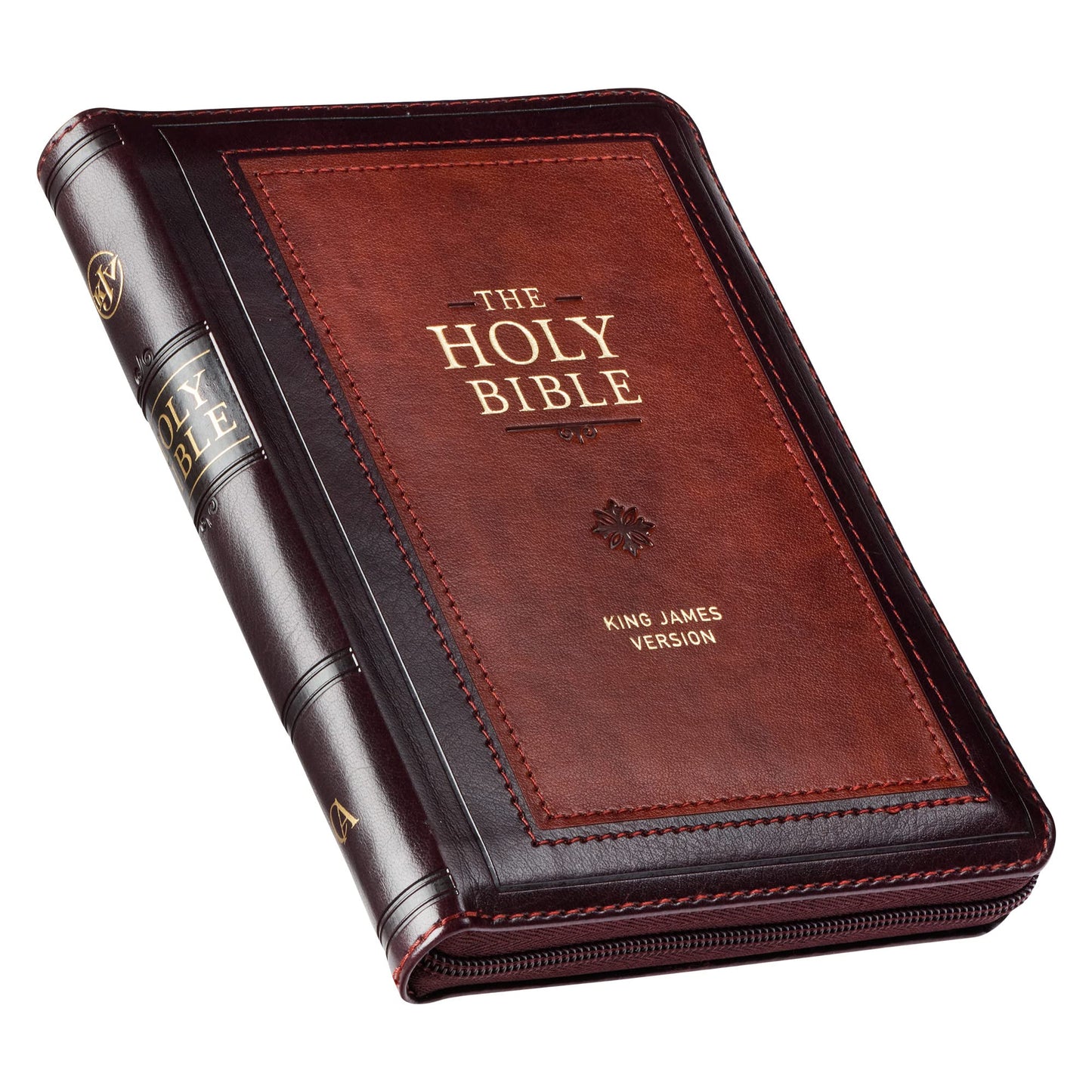 KJV Holy Bible, Compact Faux Leather Red Letter Edition - Ribbon Marker, King James Version, Burgundy/Saddle Tan, Zipper Closure (KJV Compact Editions)