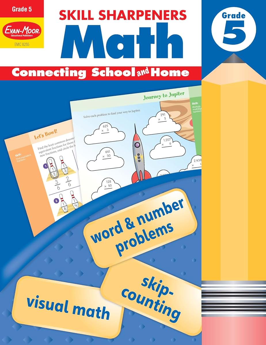 Evan-Moor Skill Sharpeners Math Workbook, Grade 5, Multiplication, Division, Test Prep, Number Sequencing, Geometry, Measurements, Graphing, Fractions, Decimals, Logical Thinking, Algebra, Homeschool