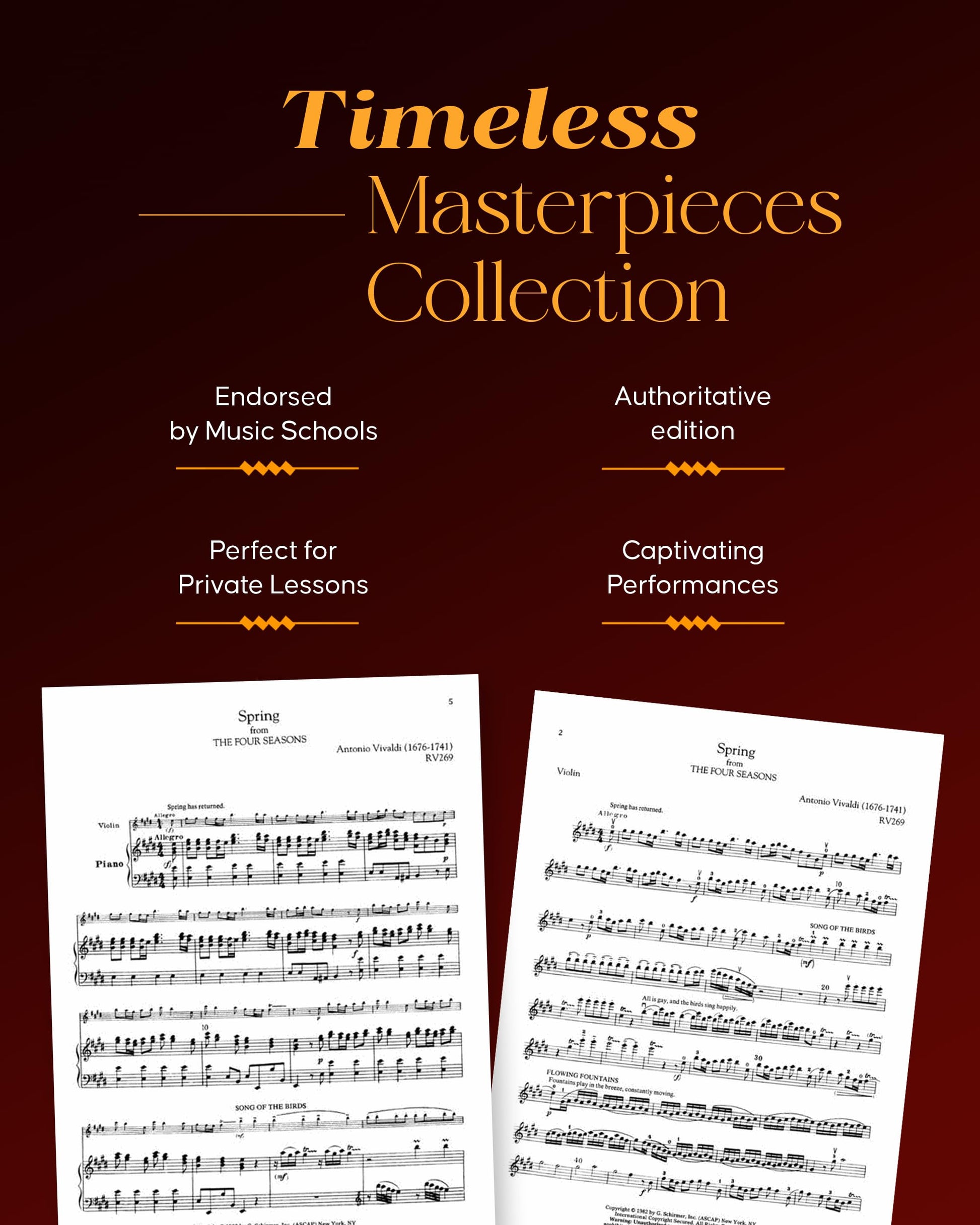 Vivaldi: The Four Seasons Complete  Violin and Piano Sheet Music Book  Baroque Masterpiece Collection for Students, Teachers, and Classical Musicians  Schirmer Library Volume 2047