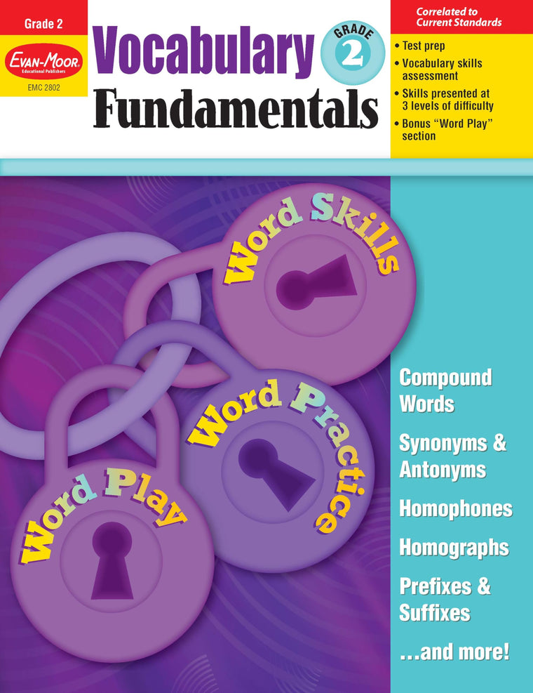Evan-Moor Vocabulary Fundamentals, Grade 2 Homeschool and Classroom Resource, Reproducible Worksheets, Compound Words, Synonyms, Antonyms, Homophones, Homographs, Prefixes, Word Skills, Practice, Play