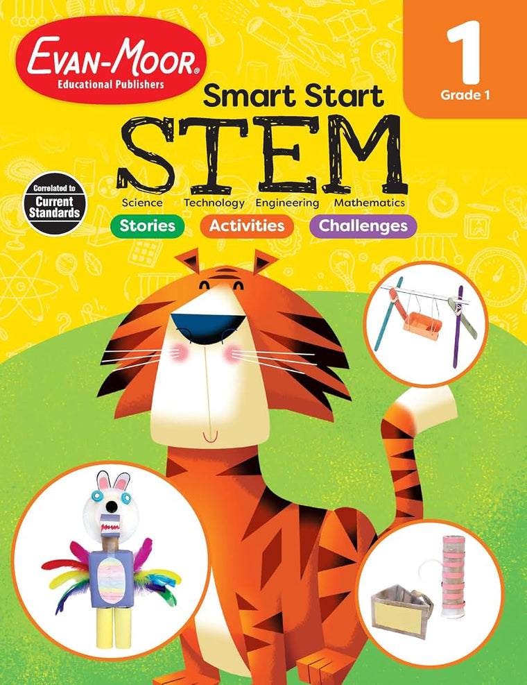Evan-Moor Smart Start STEM Workbook, Grade 1, Science, Technology, Engineering, Math, Hands On Activities, Problem Solving, Critical Thinking, Fine Motor Skills, Sequencing, Animals, Homeschool