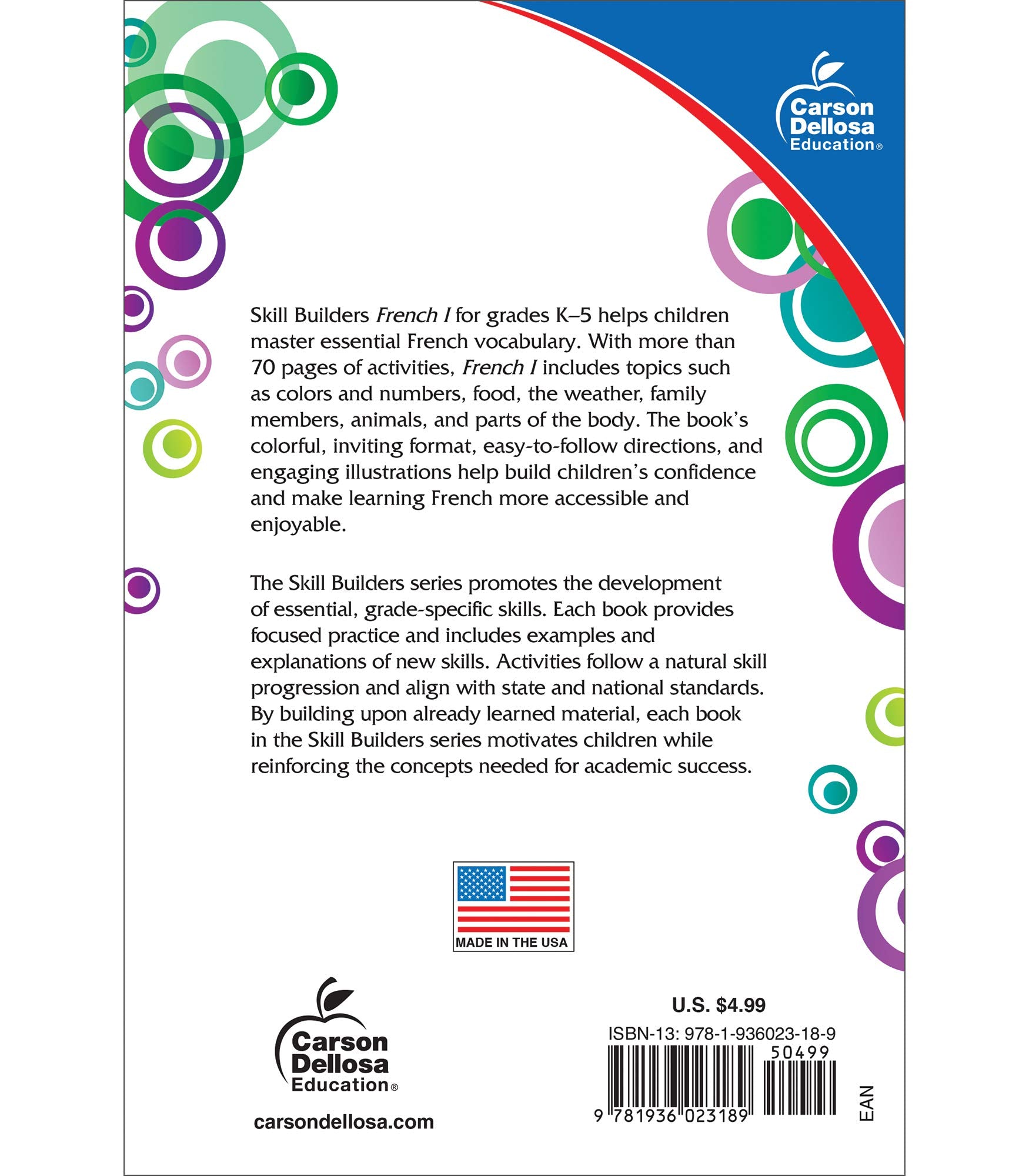 Carson Dellosa Skill Builders K-5 French Workbook, Alphabet, Vocabulary, Numbers, Geography, and More, Kindergarten to 5th Grade Classroom or Homeschool Curriculum