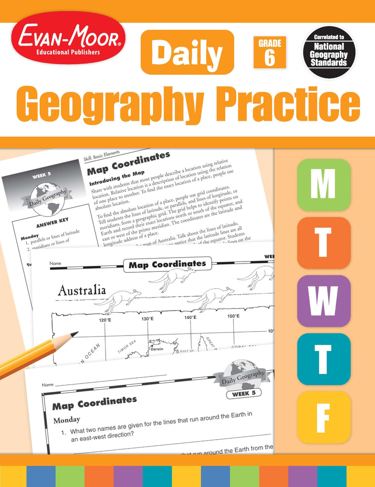 Evan-Moor Daily Geography Practice, Grade 6, Homeschooling and Classroom Resource Workbook, Reproducible Worksheets, Teaching Edition, USA, World, Continents, Oceans, Countries
