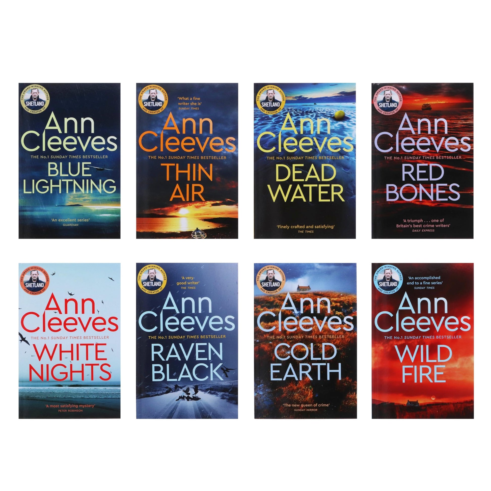 Ann Cleeves Shetland Series Collection 8 Books Set (Book 1-8) (Blue Lightning, Raven Black, White Nights, Red Bones, Cold Earth, Thin Air, Dead Water, Too Good To Be True)