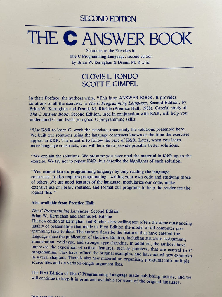 The C Answer Book: Solutions to the Exercises in 'The C Programming Language,' Second Edition — back cover