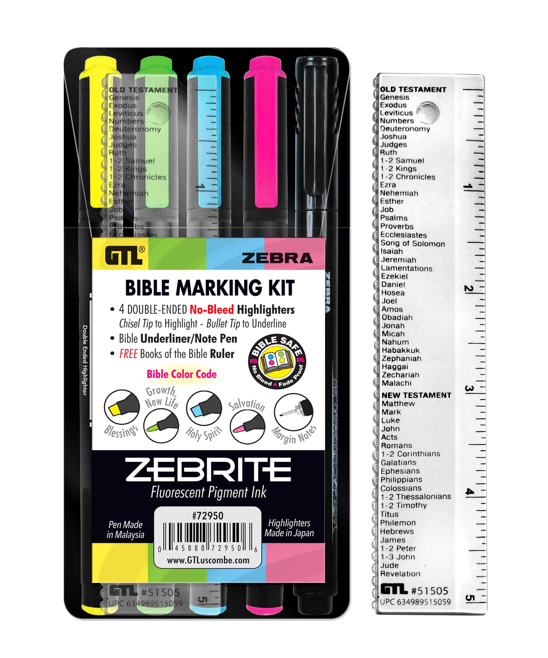 G.T. Luscombe Company, Inc. Zebrite Bible Marking Kit  No Bleed Pigmented Ink  No Fading or Smearing  Double Ended Highlighters, Note Pen & Books of the Bible Ruler/Bookmark (Set of 5 + Ruler)