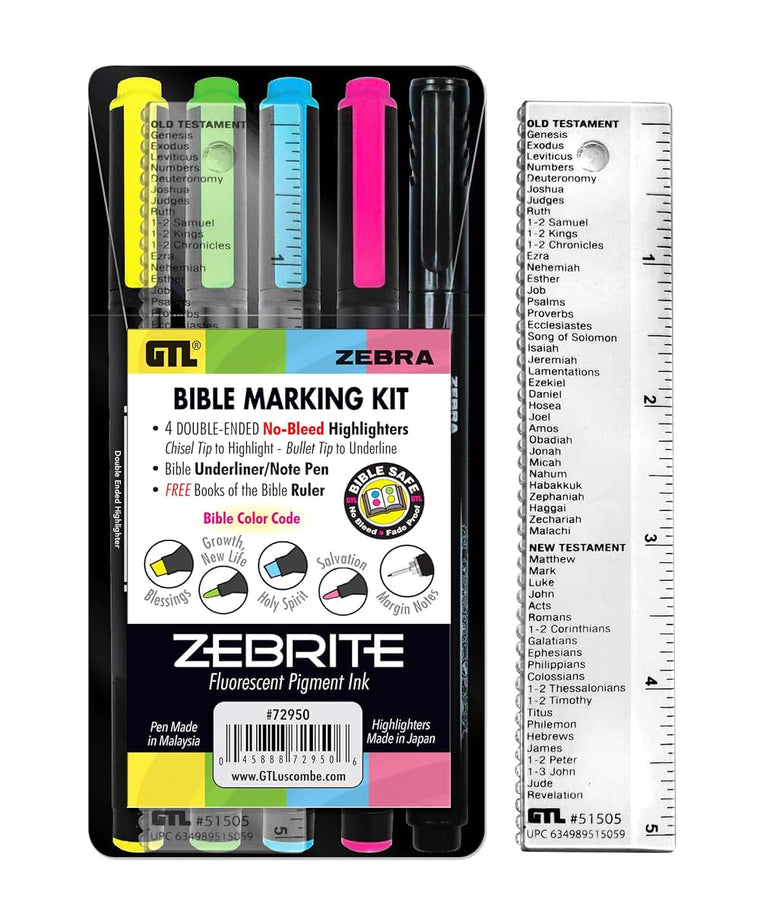 G.T. Luscombe Company, Inc. Zebrite Bible Marking Kit  No Bleed Pigmented Ink  No Fading or Smearing  Double Ended Highlighters, Note Pen & Books of the Bible Ruler/Bookmark (Set of 5 + Ruler)