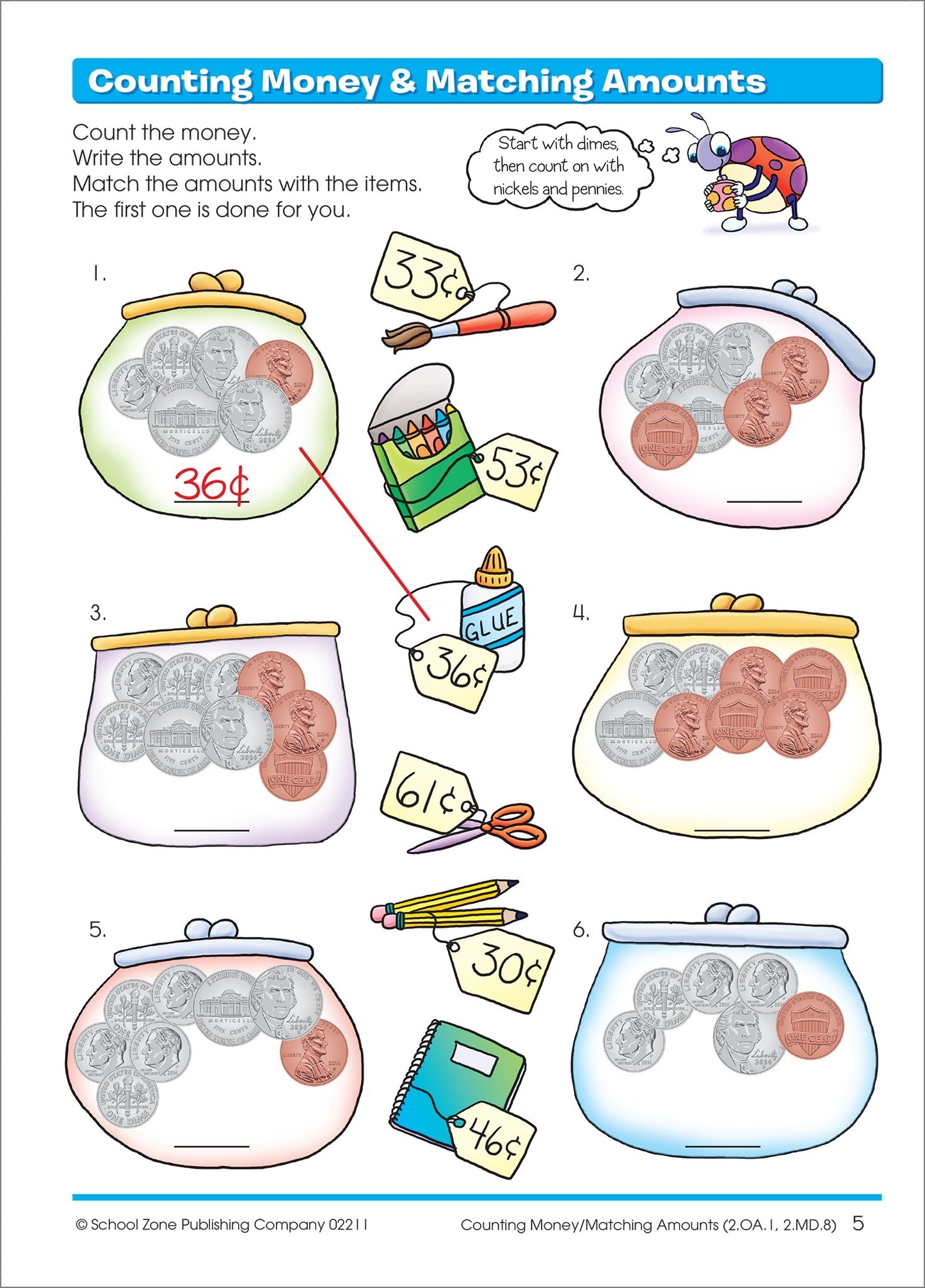School Zone Time, Money & Fractions Workbook: 64 Pages, 1st Grade, 2nd Grade, Math, Equal Parts, Adding Money, Telling Time, Ages 6 to 8 (I Know It! Book Series)