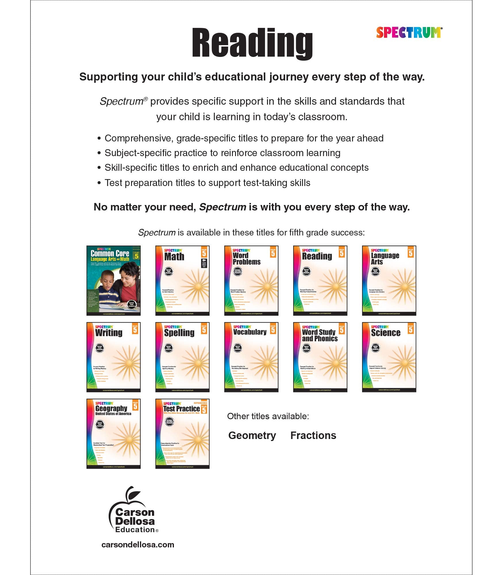 Spectrum Reading Comprehension Grade 5 Workbooks, Ages 10 to 11, 5th Grade Reading Comprehension, Nonfiction and Fiction Passages, Summarizing Stories and Identifying Themes - 174 Pages
