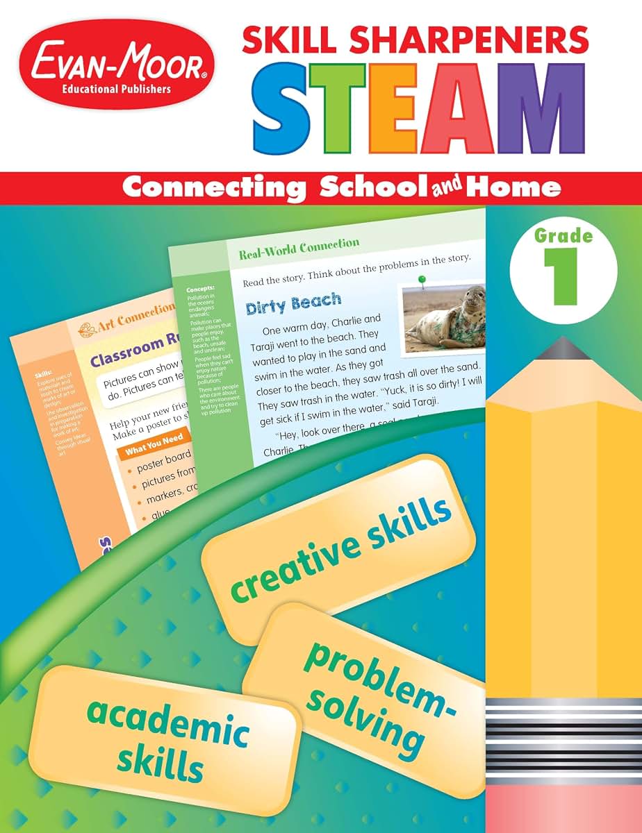 Evan-Moor Skill Sharpeners STEAM Workbook, Grade 1, Science, Technology, Engineering, Art, Math, Hands On Activities, Helping Others, Collaboration, Solve Real World Problems, Puzzles, Homeschool