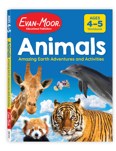 Evan-Moor Animals: Amazing Earth Adventures and Activities, Ages 4-5, Animal Fun Facts, Animal Photos, How to Draw, Animal Stories, Brain Games, Activity Book, Workbook, Color, PreK, K, Summer Fun