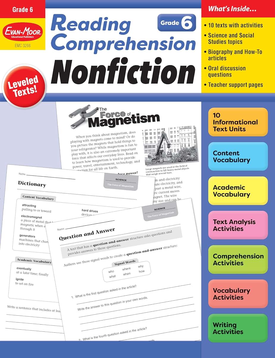 Evan-Moor Reading Comprehension: Nonfiction, Grade 6 - Homeschooling and Classroom Resource Workbook, Biographies, Science, Social studies, Geography, Leveled, Vocabulary, Text structure analysis