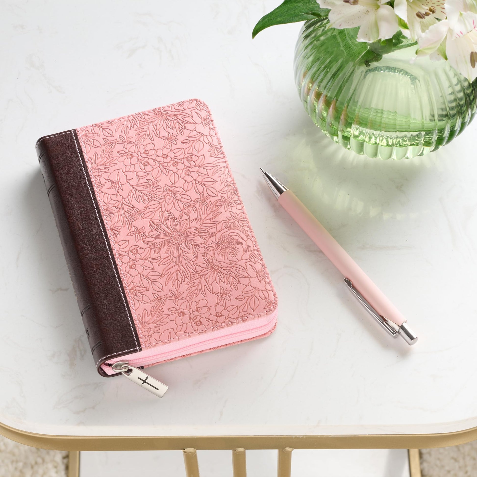 KJV Holy Bible, Mini Pocket Size, Faux Leather Red Letter Edition - Ribbon Marker, King James Version, Pink/Saddle Tan, Zipper Closure, 6.2" x 4.3" (KJV Pocket Editions)