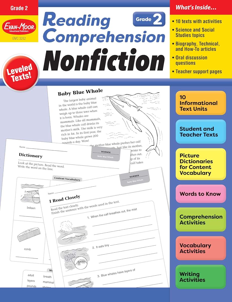 Evan-Moor Reading Comprehension: Nonfiction, Grade 2 - Homeschooling and Classroom Resource Workbook, Biographies, Science, Social studies, Geography, Leveled, Vocabulary, Text structure analysis