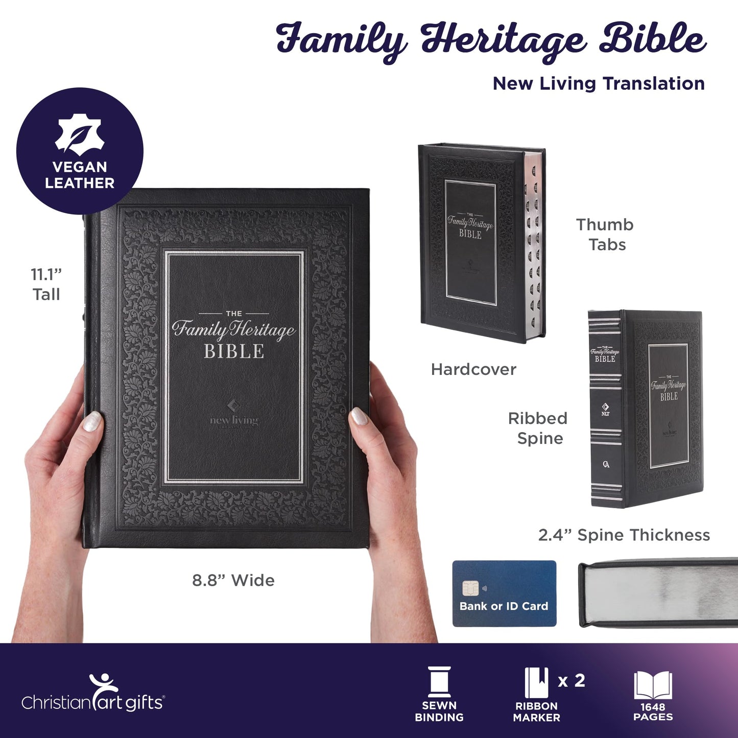 NLT Family Heritage Bible, Large Print Family Heirloom Devotional Bible for Study, New Living Translation Holy Bible Vegan Leather Hardcover, ... Content, Black (NLT Family Heritage Editions)