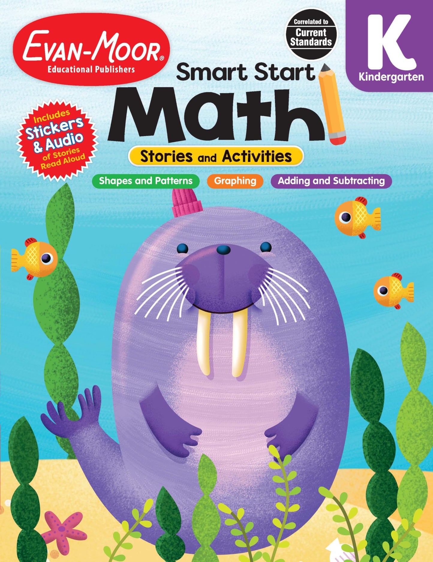 Evan-Moor Smart Start Math, Kindergarten Workbook, Stickers, Audio Read Alouds, Stories and Activities, Numbers, Shapes and Patterns, Measurement, ... (Smart Start: Math Stories and Activities)