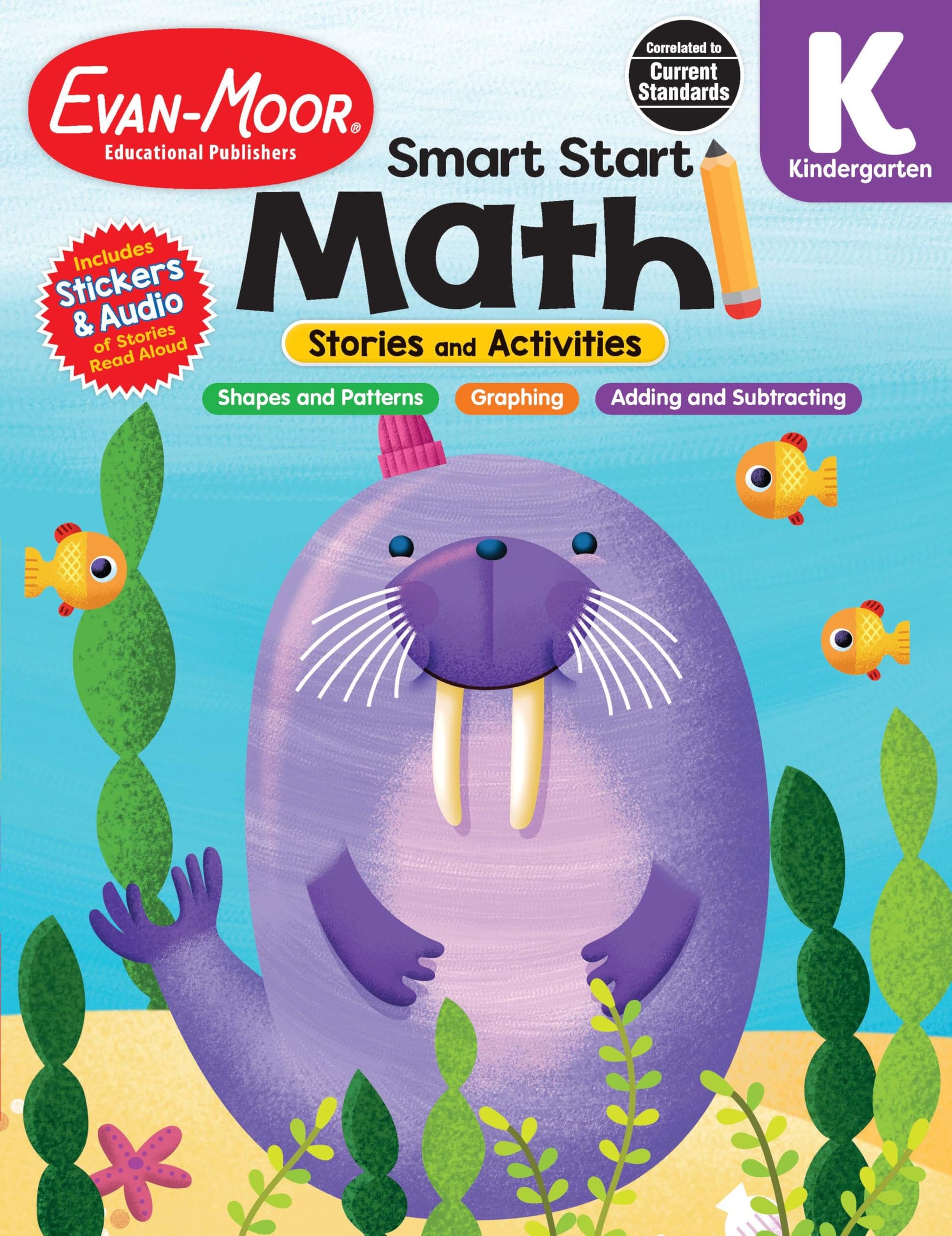 Evan-Moor Smart Start Math, Kindergarten Workbook, Stickers, Audio Read Alouds, Stories and Activities, Numbers, Shapes and Patterns, Measurement, ... (Smart Start: Math Stories and Activities)