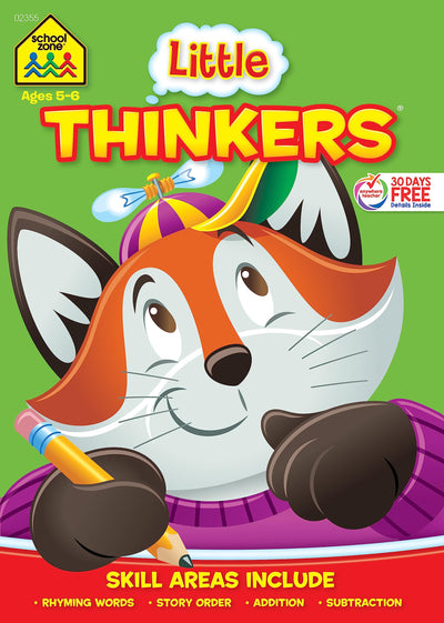 School Zone Little Thinkers Kindergarten Workbook: 64 Pages, Alphabet, Counting, Rhyming, Problem-Solving, Telling Time, Ages 5 to 6 (Little Thinkers Book Series)