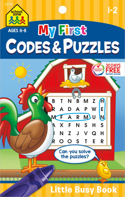 School Zone My First Codes & Puzzles Workbook: 48 Pages, 1st Grade, 2nd Grade, Activity Pad, Crossword Puzzles, Word Search, Riddles, Ages 6 to 8 (Little Busy Book Series)