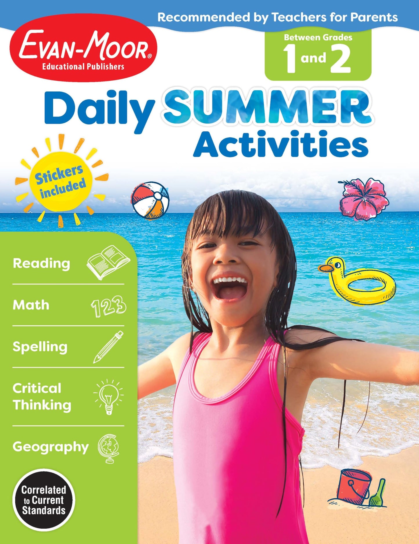 Evan-Moor Daily Summer Activities, Grade 1-2 Workbook, Stickers, Prevent Learning Loss, Reading, Writing, Math, Phonics, Spelling, Nouns, Verbs, Synonyms, Handwriting, Word Problems, Geography, Maps