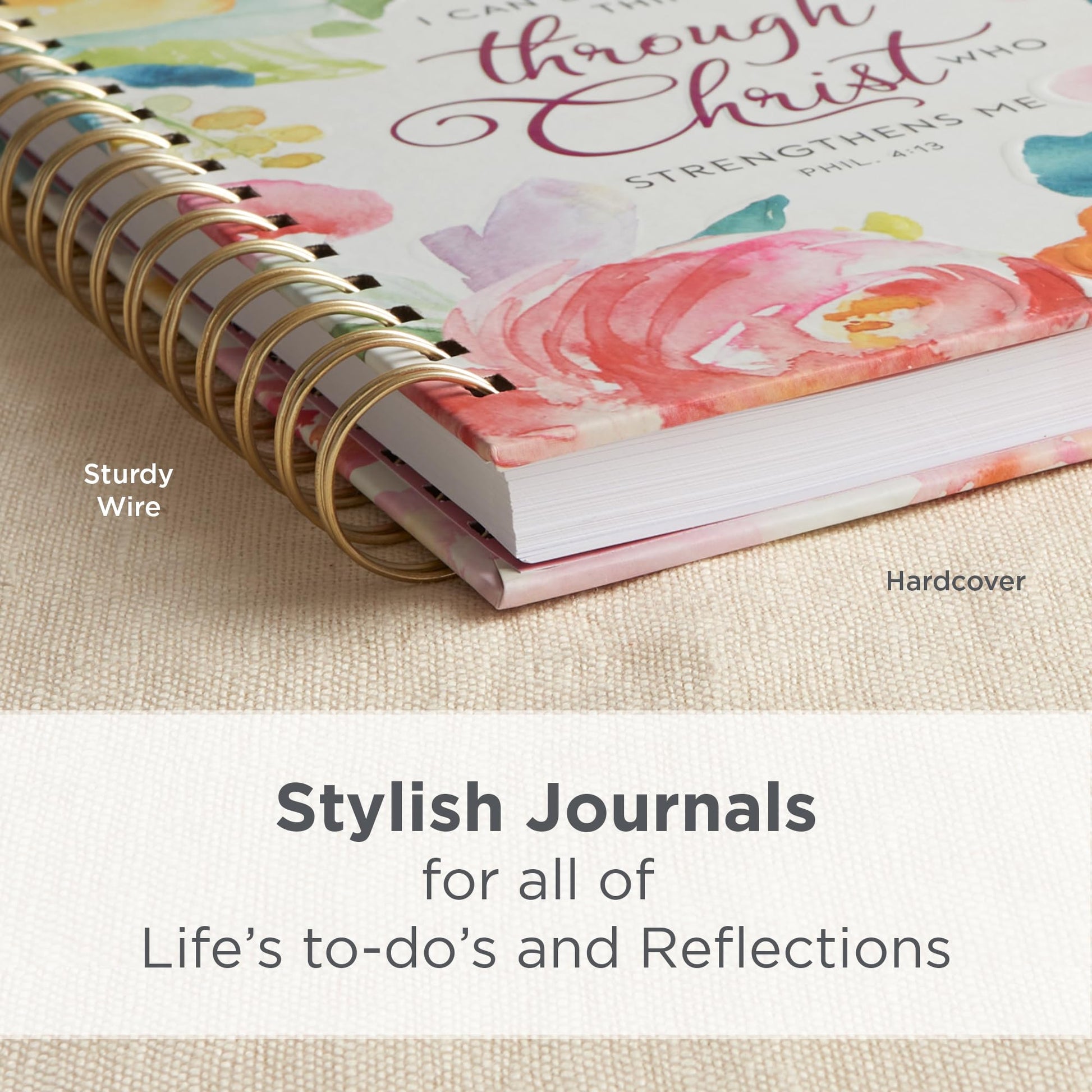 Christian Art Gifts Journal w/Scripture for Women All Things Through Christ Philippians 4:13 Bible Verse Bright Watercolor Floral 192 Ruled Pages, Large Hardcover Notebook, Wire Bound