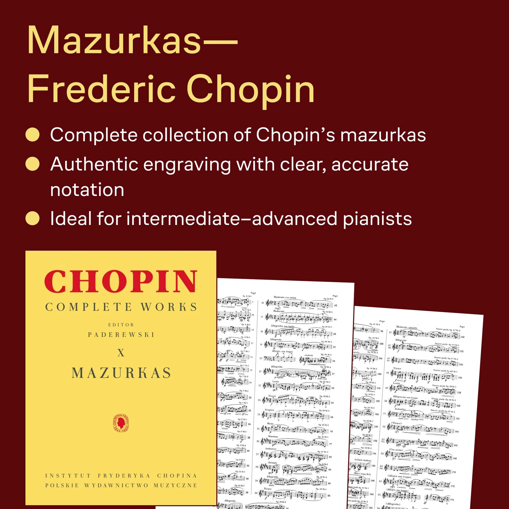 Chopin Complete Works Volume X Mazurkas  Piano Sheet Music Book by Frederic Chopin Edited by Paderewski  Scholarly PWM Edition for Advanced Pianists Students  Classical Piano Collection