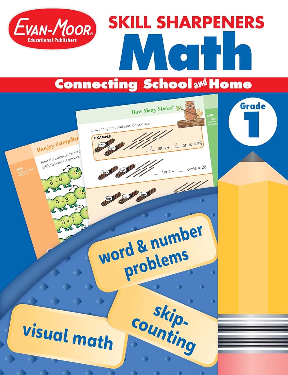 Evan-Moor Skill Sharpeners Math Workbook, Grade 1, Addition, Subtraction, Counting to 100, Test Prep, Number Words, Geometry, Measurements, Data, Place Value, Tell Time, Metric System, Fun Activities