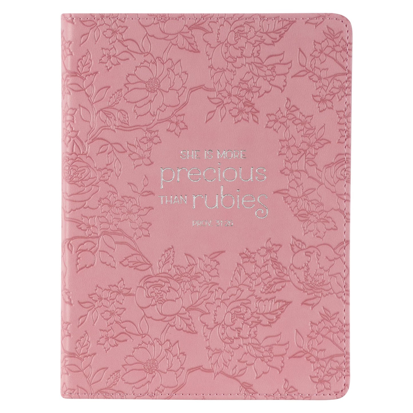 Christian Art Gifts Strawberry Pink Floral Vegan Leather Small Journal Inspirational Scripture Women's Notebook More Precious Than Rubies Bible Verse Proverbs 3:15, 240 Ruled Pages, Ribbon 5.7" x 7"