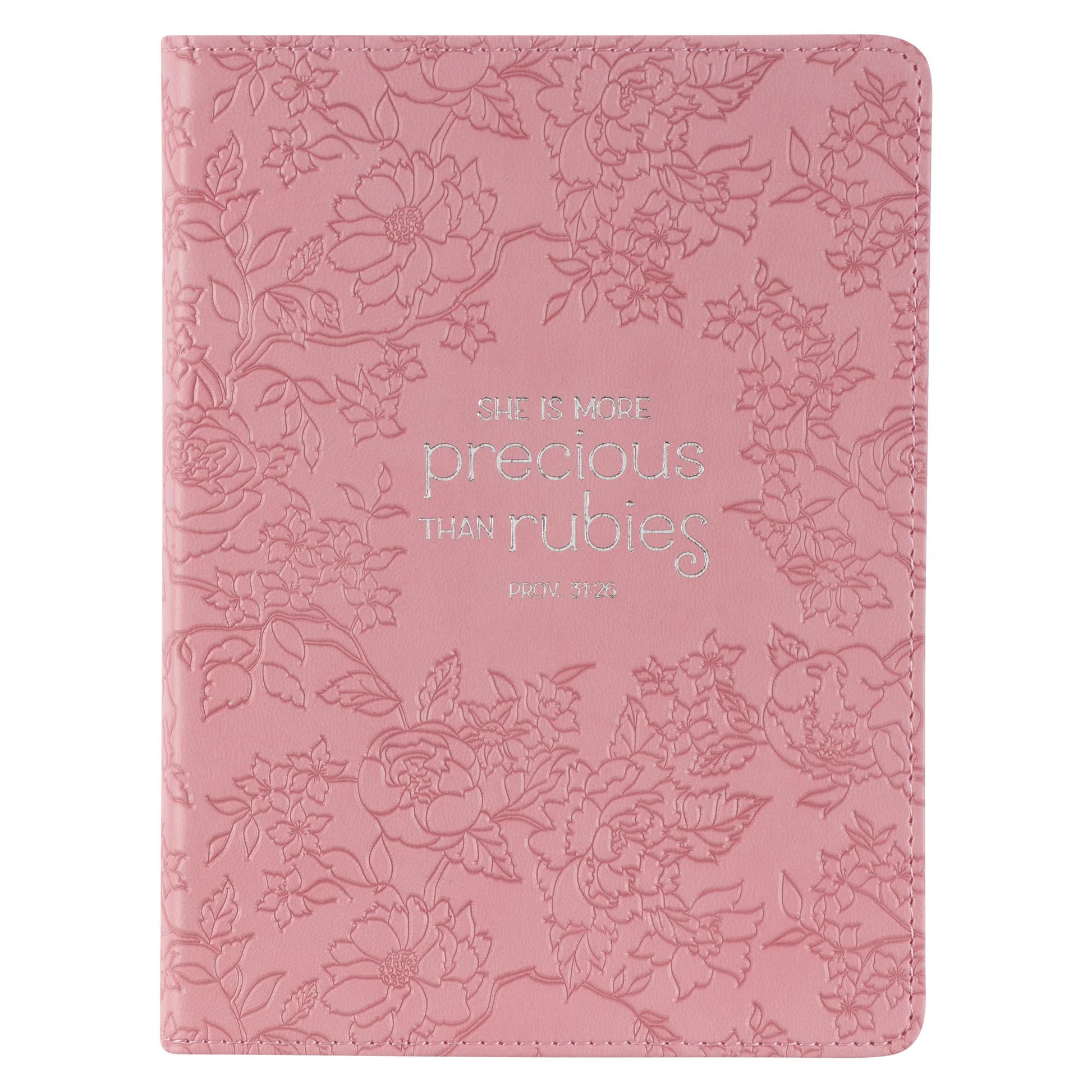Christian Art Gifts Strawberry Pink Floral Vegan Leather Small Journal Inspirational Scripture Women's Notebook More Precious Than Rubies Bible Verse Proverbs 3:15, 240 Ruled Pages, Ribbon 5.7" x 7"