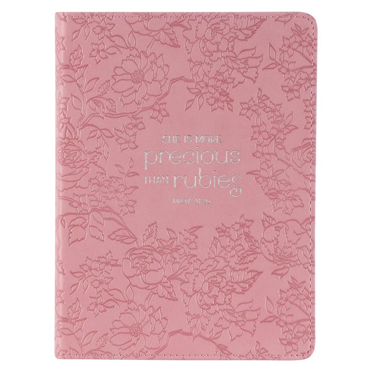 Christian Art Gifts Strawberry Pink Floral Vegan Leather Small Journal Inspirational Scripture Women's Notebook More Precious Than Rubies Bible Verse Proverbs 3:15, 240 Ruled Pages, Ribbon 5.7" x 7"