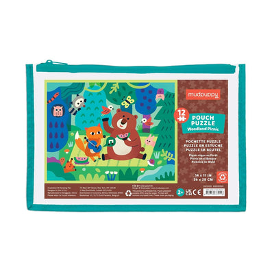 Mudpuppy Woodland Picnic 12 Piece Pouch Puzzle, Jigsaw Puzzle for Kids with Extra-Thick Pieces, 14" x 11", Includes a Reusable Zippered Pouch, Ideal for Traveling, Ages 2-4
