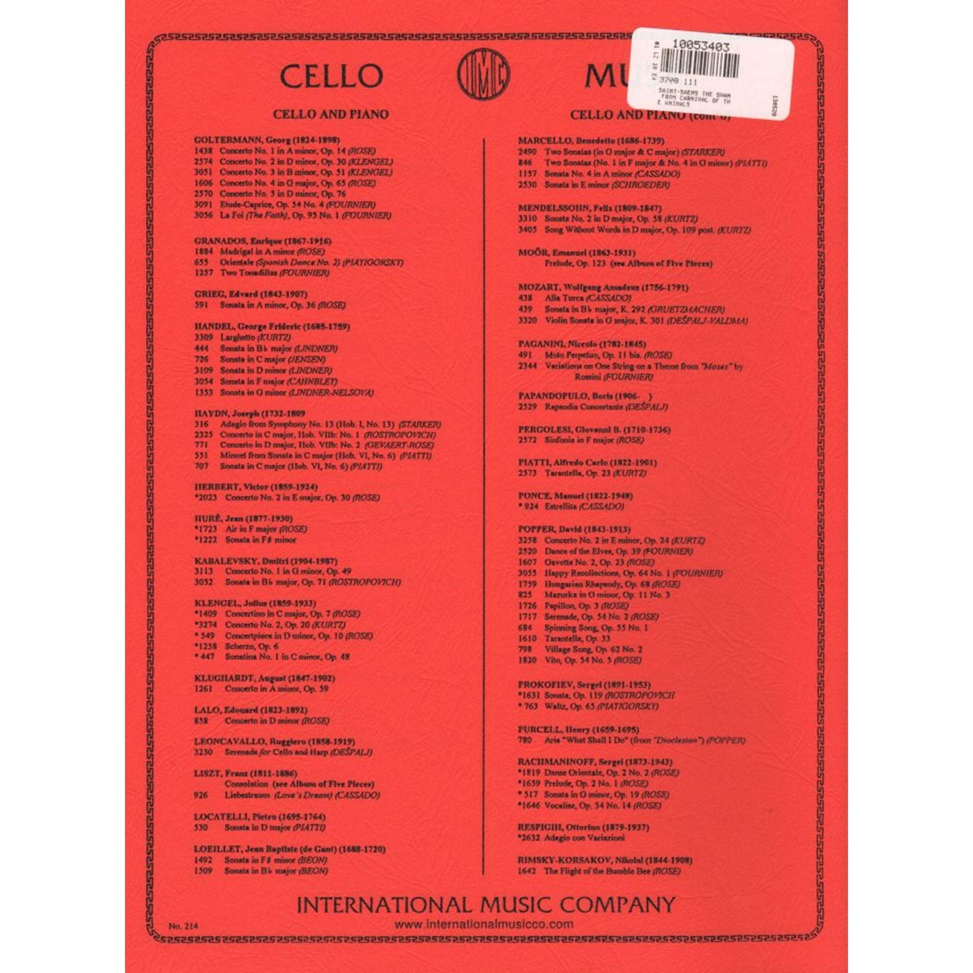 Saint-Saens Camille The Swan from Carnival of the Animals. For Cello and Piano. by International