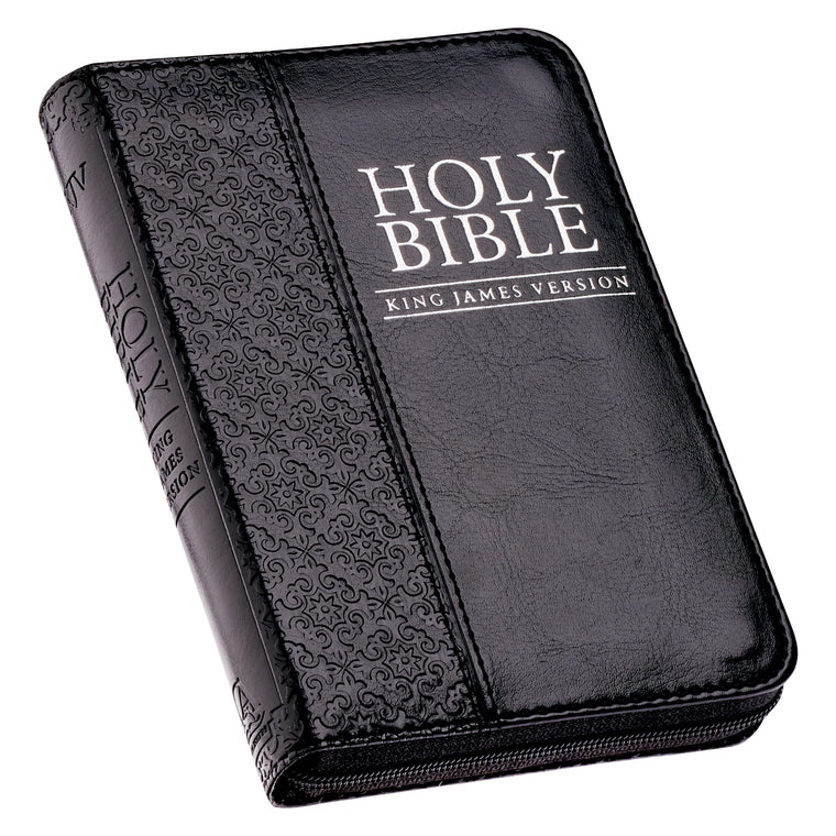 KJV Holy Bible, Mini Pocket Bible - Zippered Black Faux Leather Bible w/Ribbon Marker, King James Version