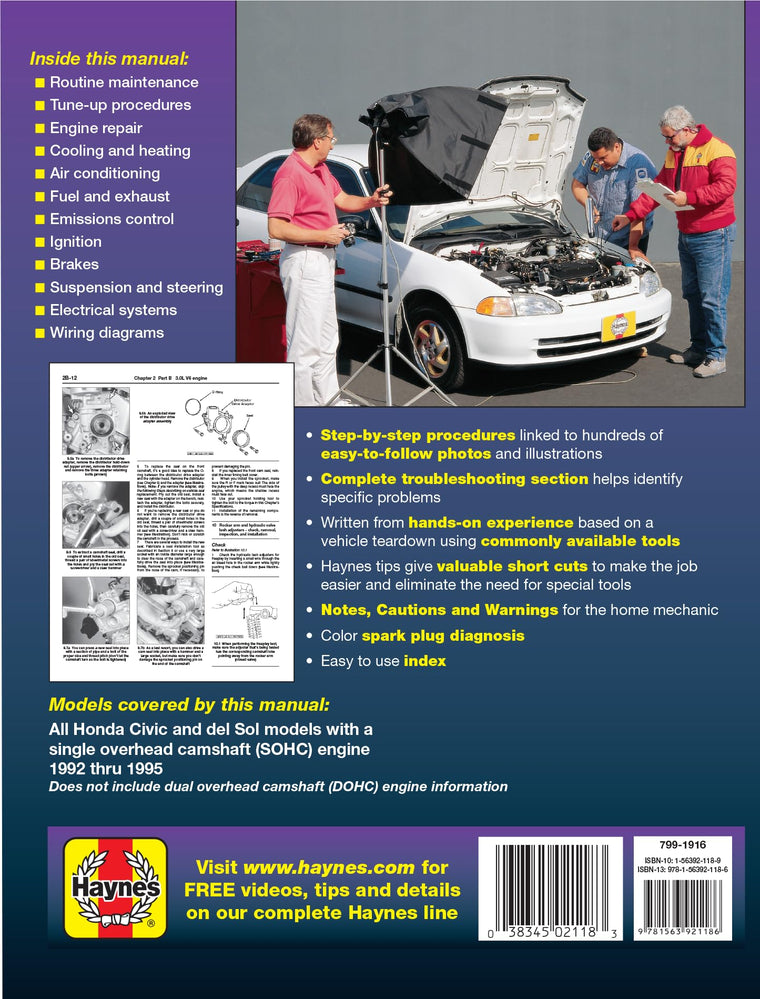 Honda Civic & Del Sol Covering (1992-1995) Haynes Repair Manual — back cover